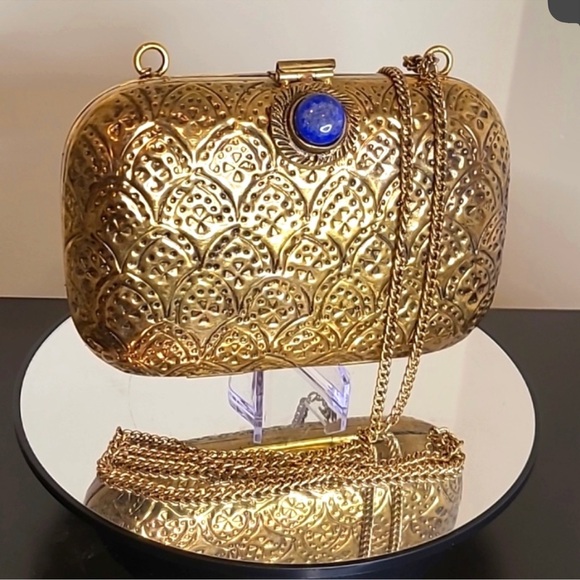 FROM ST XAVIER Gold Antique Crossbody Metal Bag Turquoise Gemstone - Picture 2 of 4